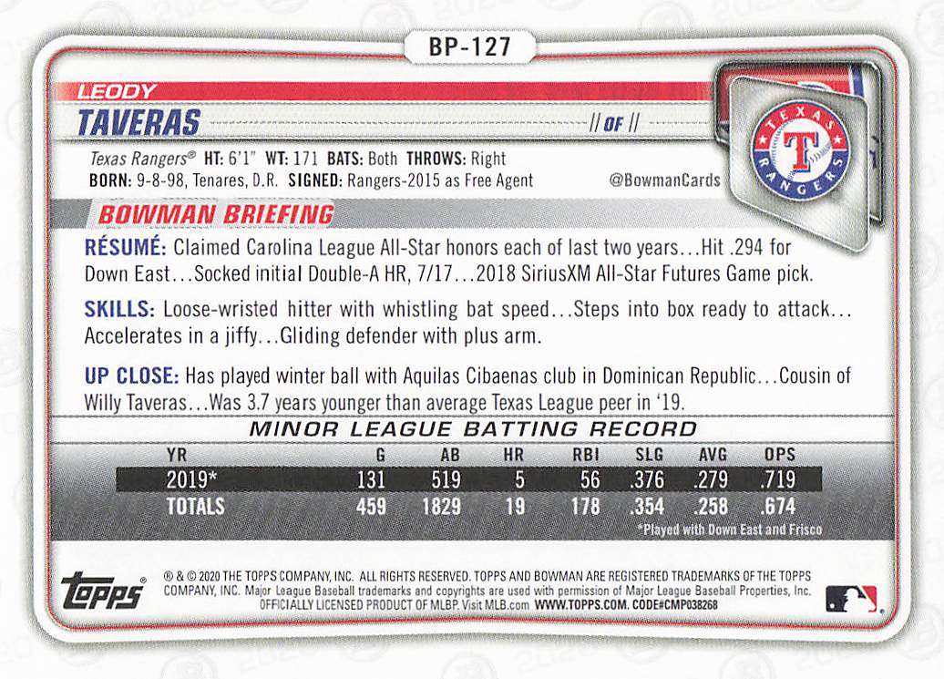 2020 Bowman Baseball Prospects Leody Taveras #BP-127