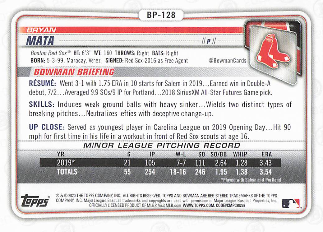 2020 Bowman Baseball Prospects Bryan Mata #BP-128