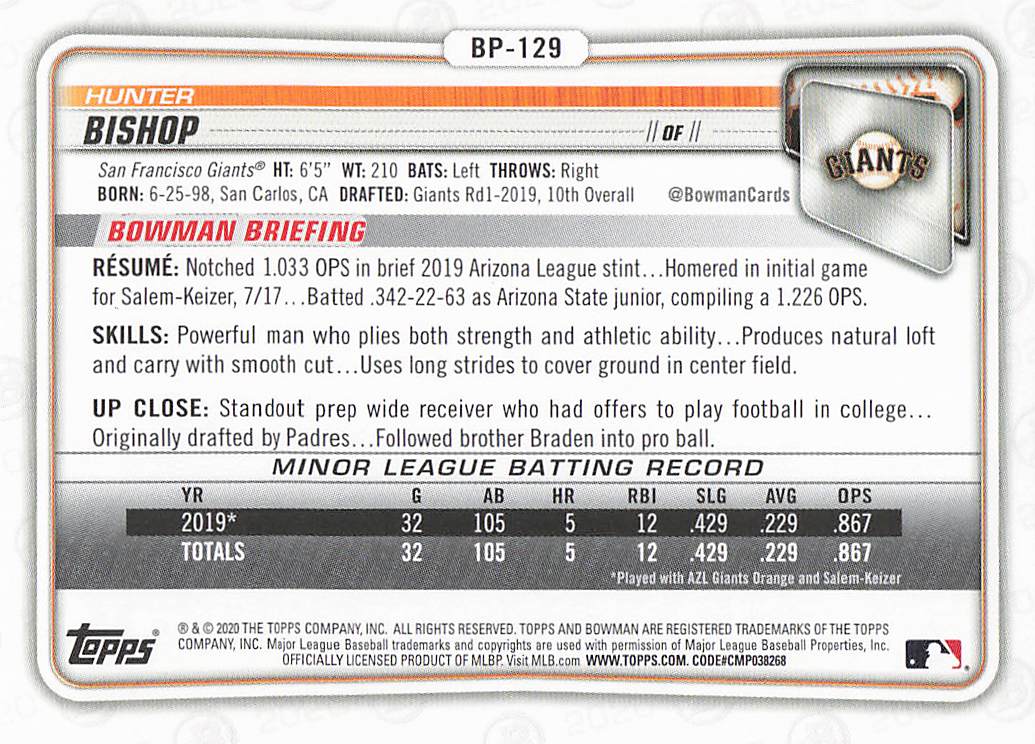 2020 Bowman Baseball Prospects Hunter Bishop #BP-129