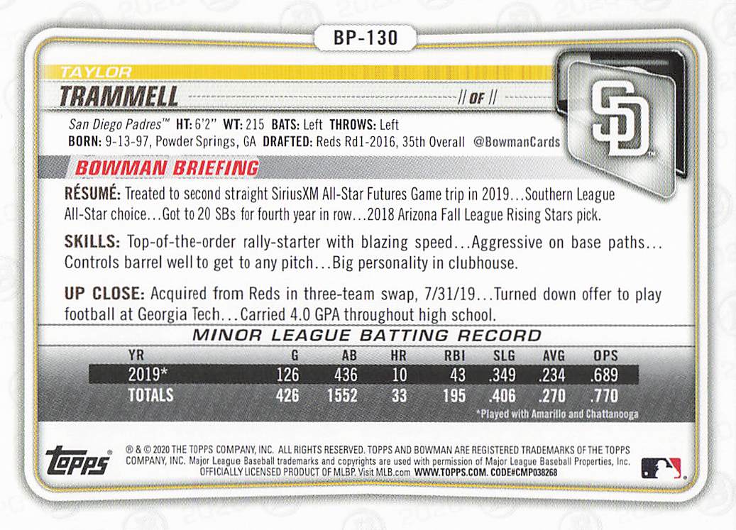2020 Bowman Baseball Prospects Taylor Trammell #BP-130