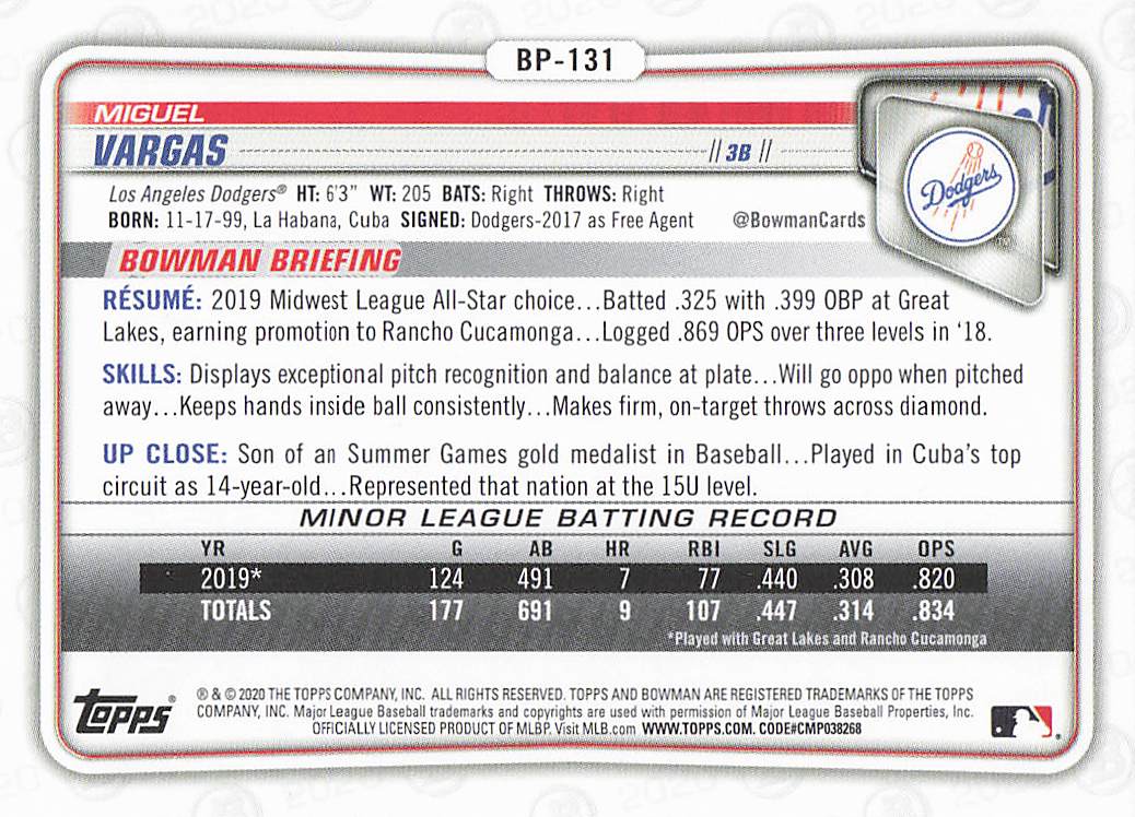 2020 Bowman Baseball Prospects Miguel Vargas #BP-131