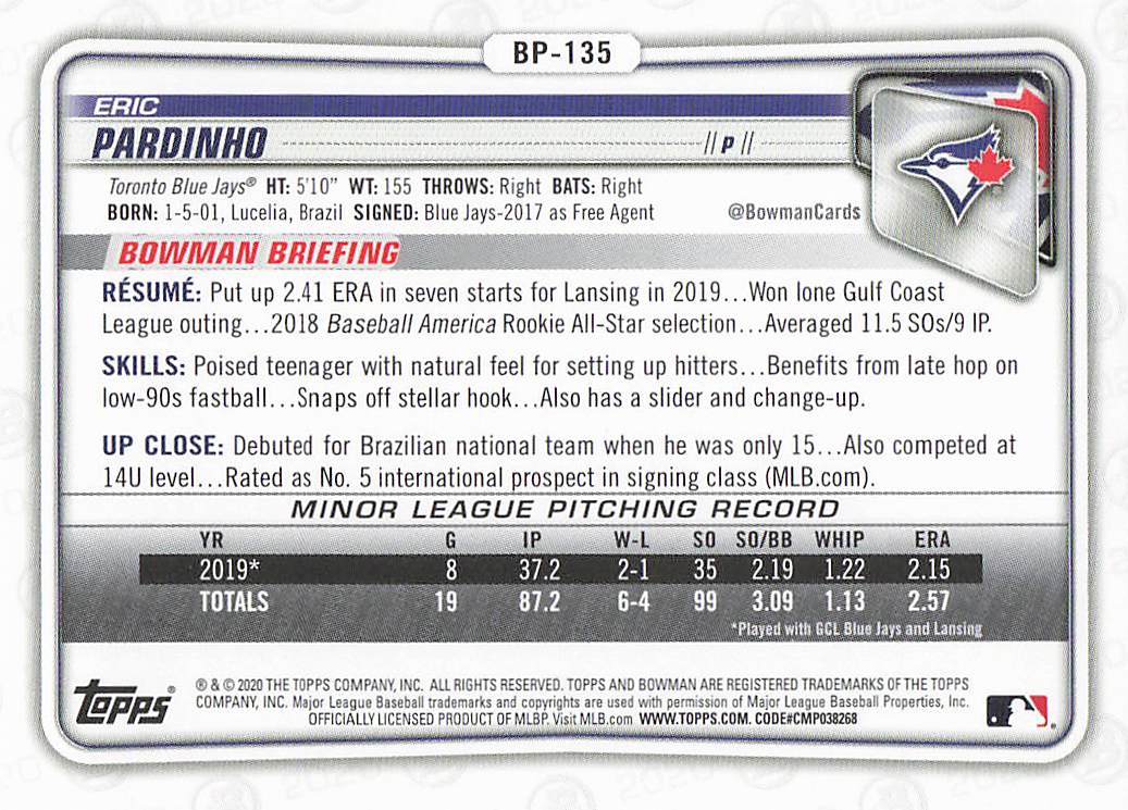 2020 Bowman Baseball Prospects Eric Pardinho #BP-135