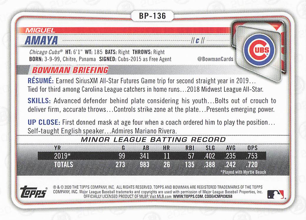 2020 Bowman Baseball Prospects Miguel Amaya #BP-136