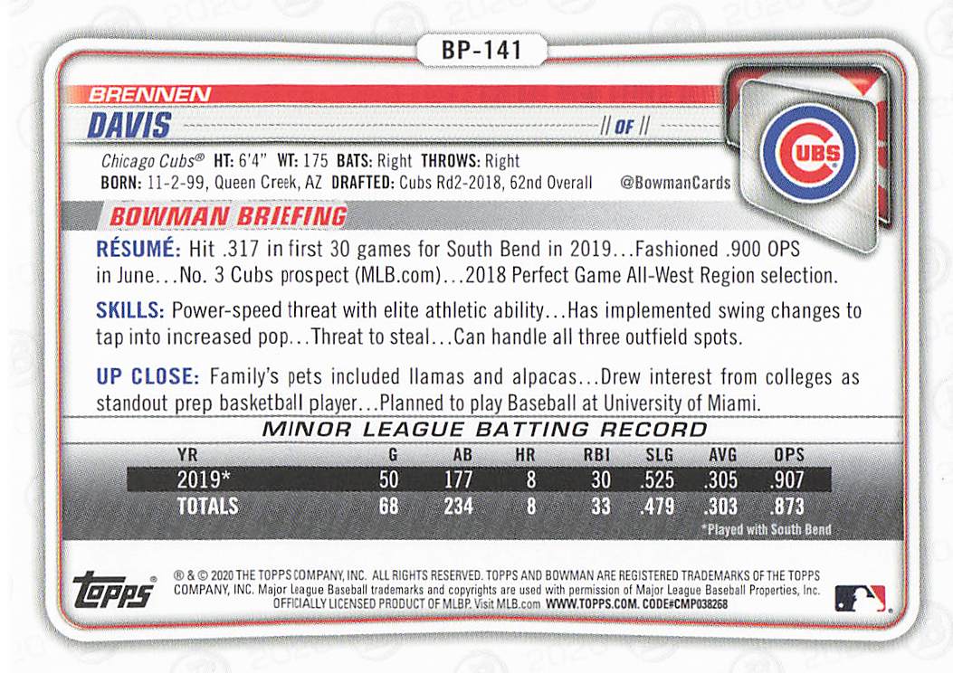 2020 Bowman Baseball Prospects Brennen Davis #BP-141