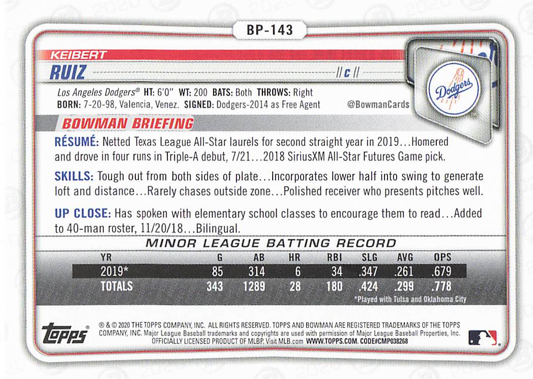 2020 Bowman Baseball Keibert Ruiz #BP-143