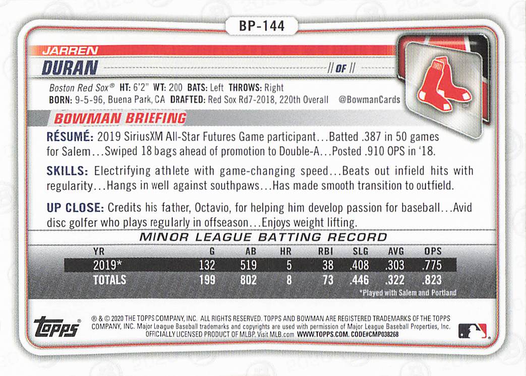 2020 Bowman Baseball Prospects Jarren Duran #BP-144