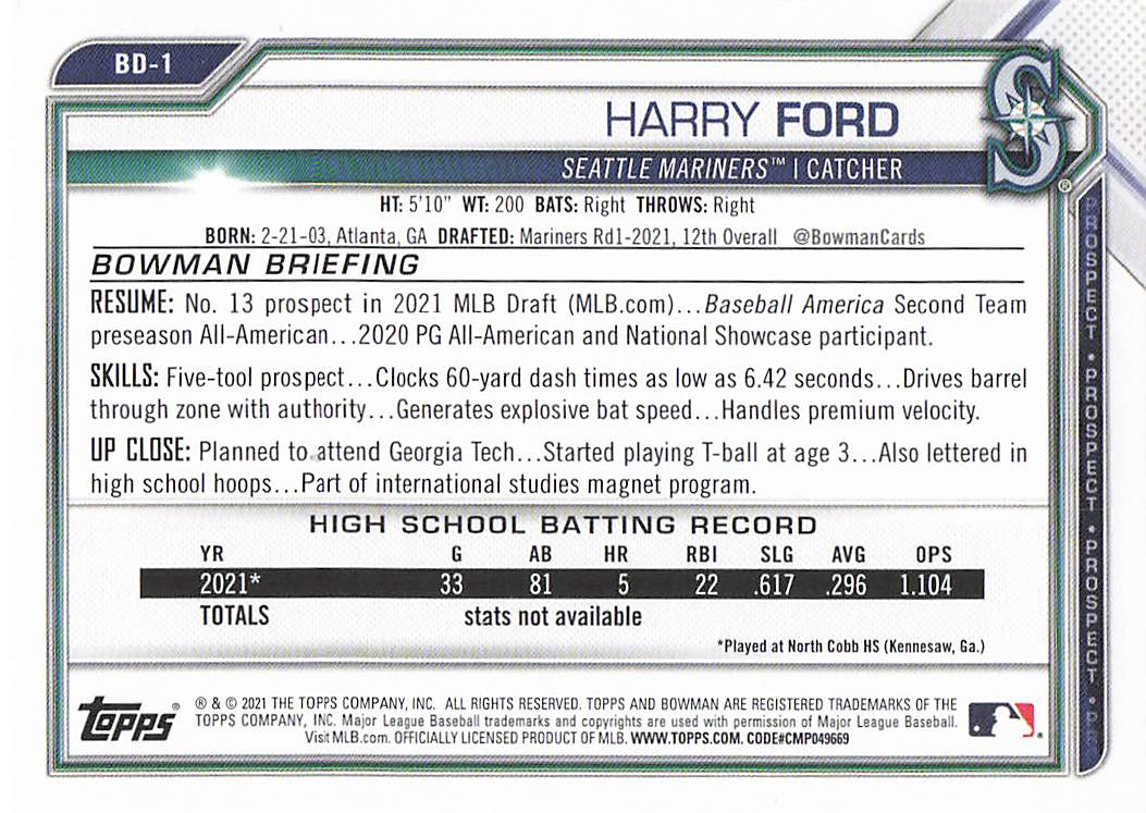 2021 Bowman Draft Baseball Harry Ford #BD-1
