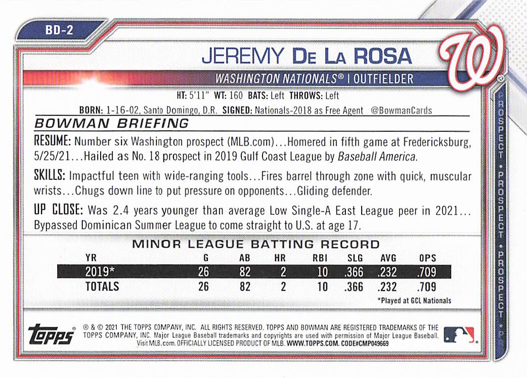 2021 Bowman Draft Baseball Jeremy De La Rosa #BD-2