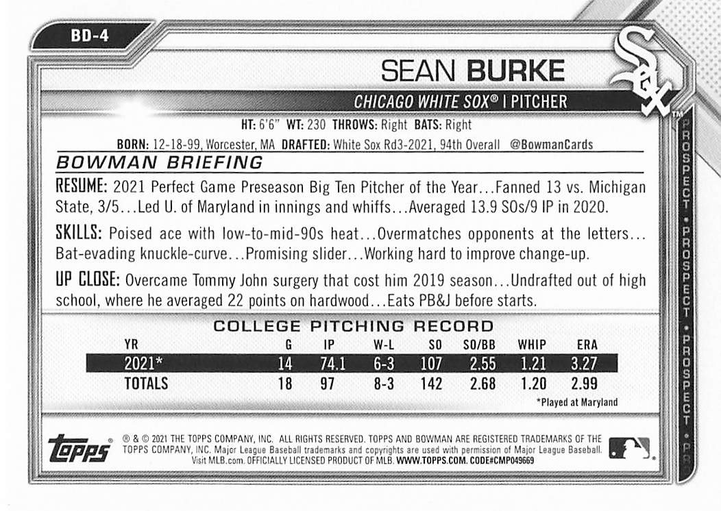 2021 Bowman Draft Baseball Sean Burke #BD-4