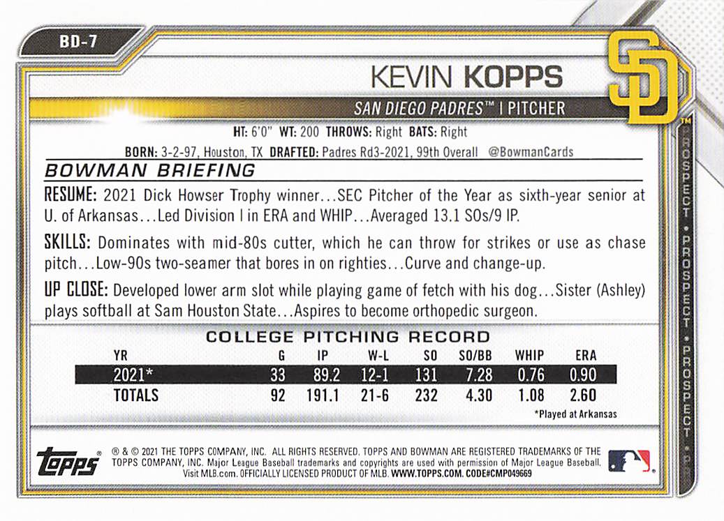 2021 Bowman Draft Baseball Kevin Kopps #BD-7