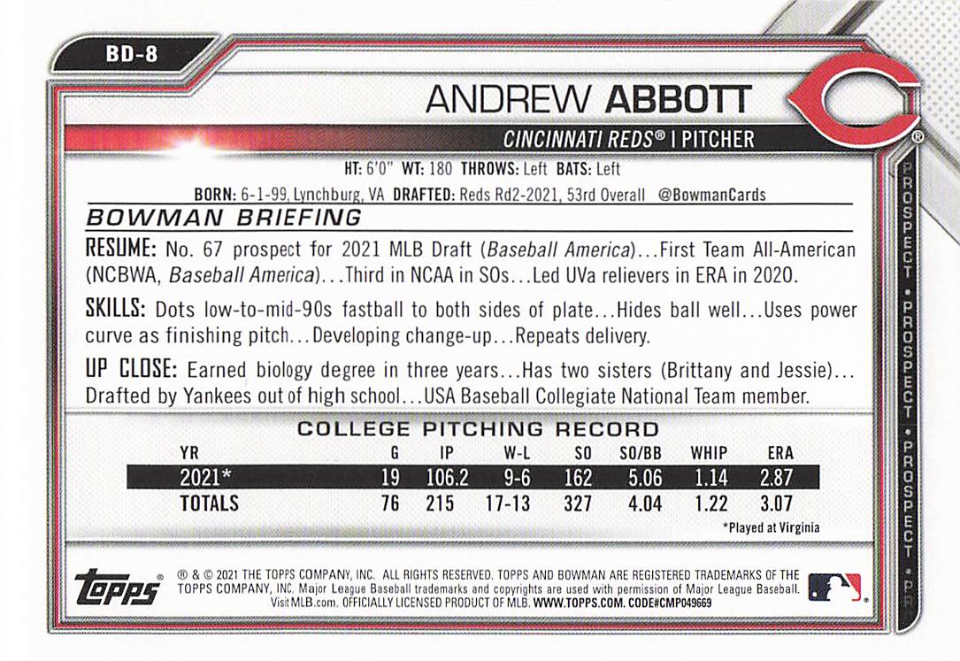2021 Bowman Draft Baseball Andrew Abbott #BD-8