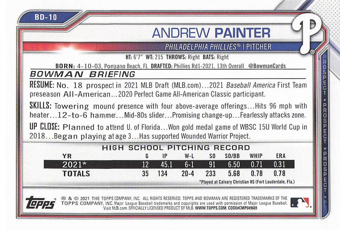2021 Bowman Draft Baseball Andrew Painter #BD-10