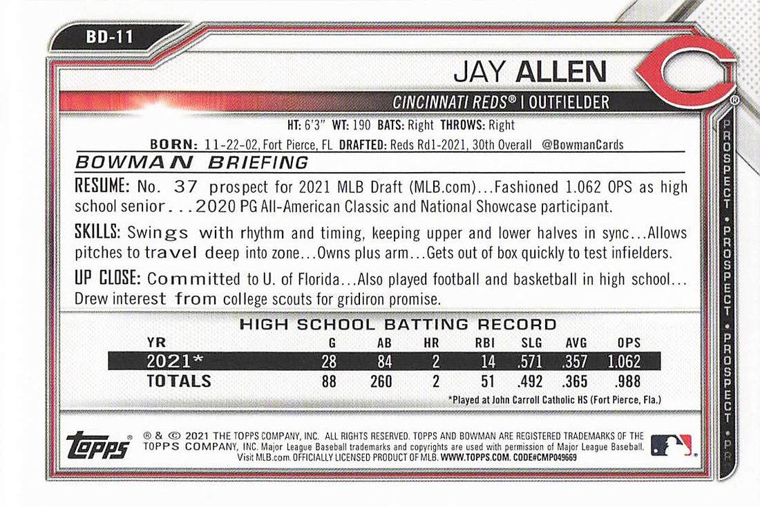 2021 Bowman Draft Baseball Jay Allen #BD-11