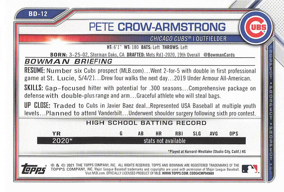 2021 Bowman Draft Baseball Pete Crow-Armstrong #BD-12