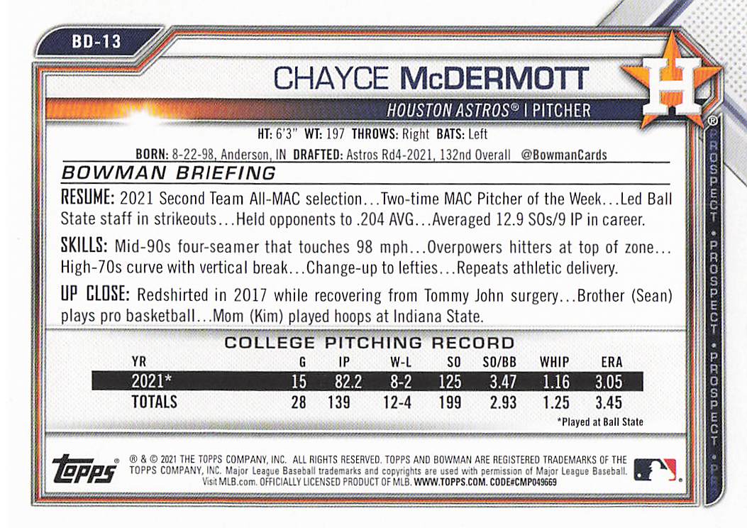 2021 Bowman Draft Baseball Chayce McDermott #BD-13