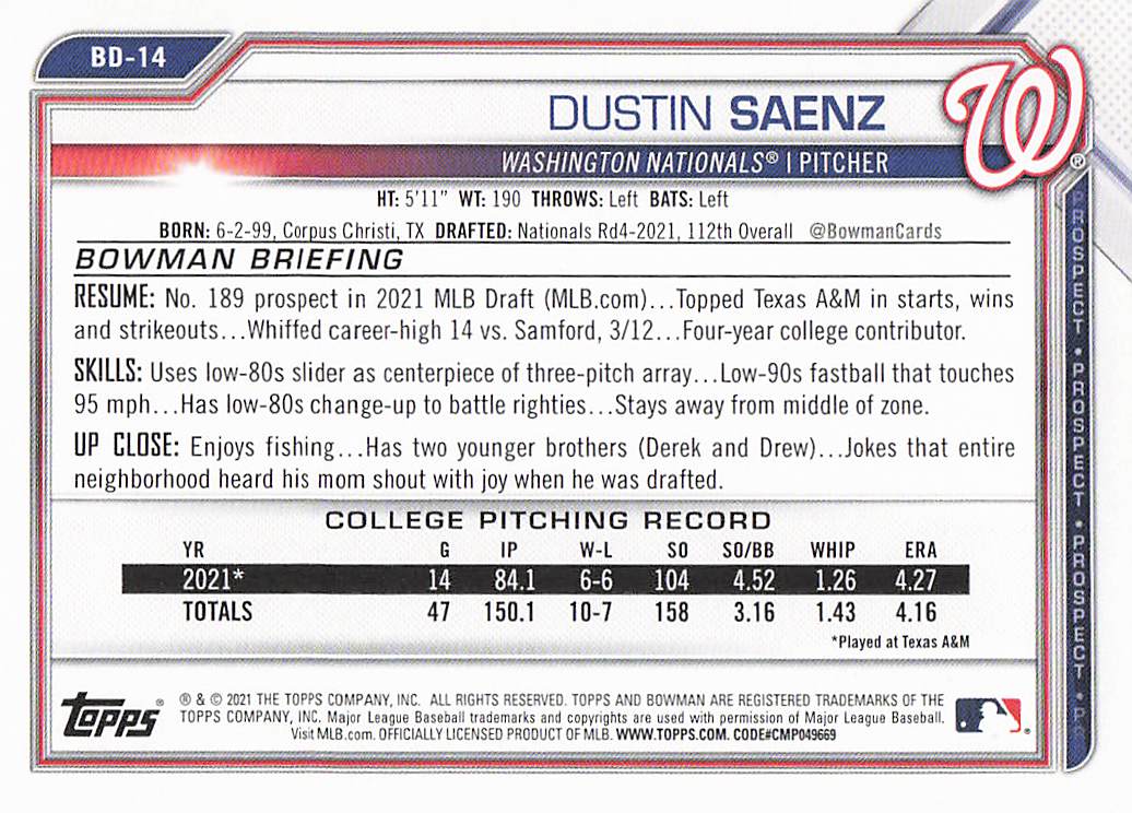2021 Bowman Draft Baseball Dustin Saenz #BDC-14