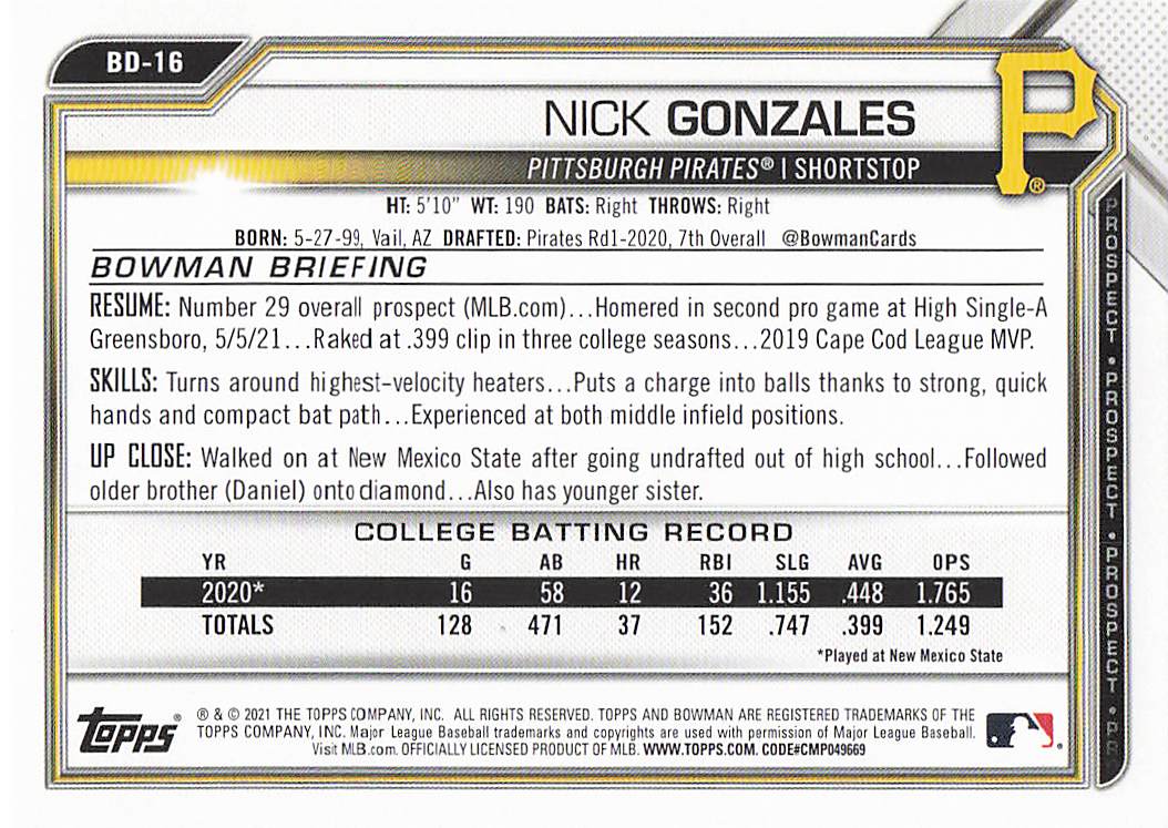 2021 Bowman Draft Baseball Nick Gonzales #BD-16