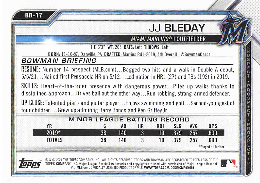 2021 Bowman Draft Baseball JJ Bleday #BD-17