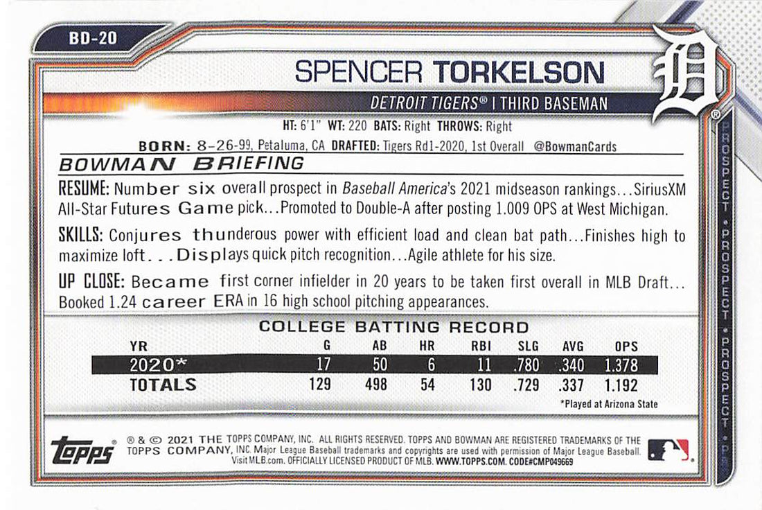 2021 Bowman Draft Baseball Spencer Torkelson #BD-20