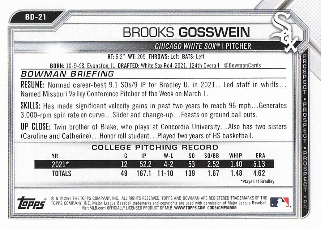 2021 Bowman Draft Baseball Brooks Gosswein #BD-21