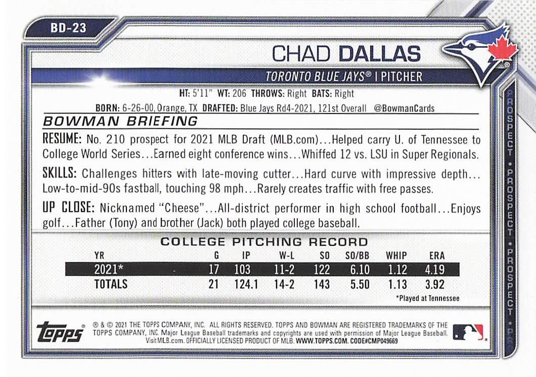 2021 Bowman Draft Baseball Chad Dallas #BD-23