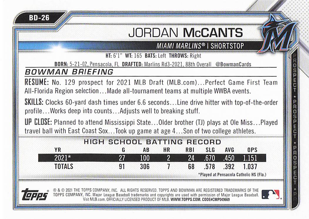 2021 Bowman Draft Baseball Jordan McCants #BD-26