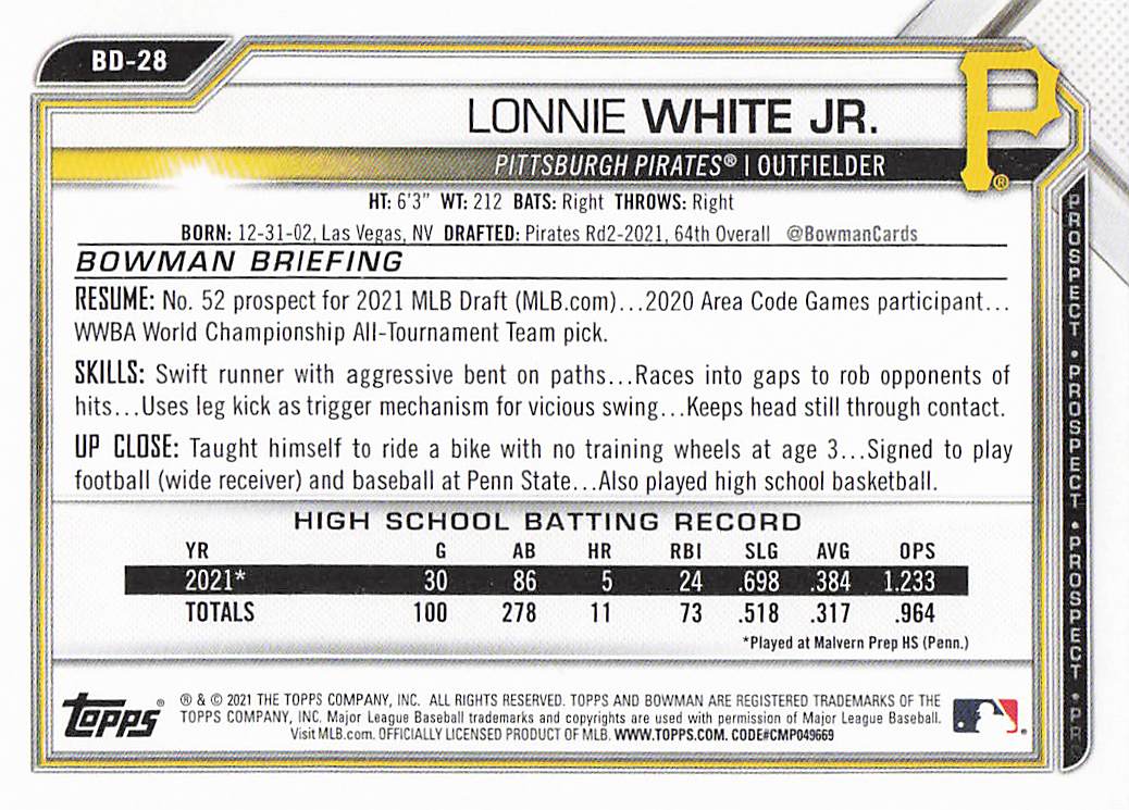 2021 Bowman Draft Baseball Lonnie White Jr. #BD-28