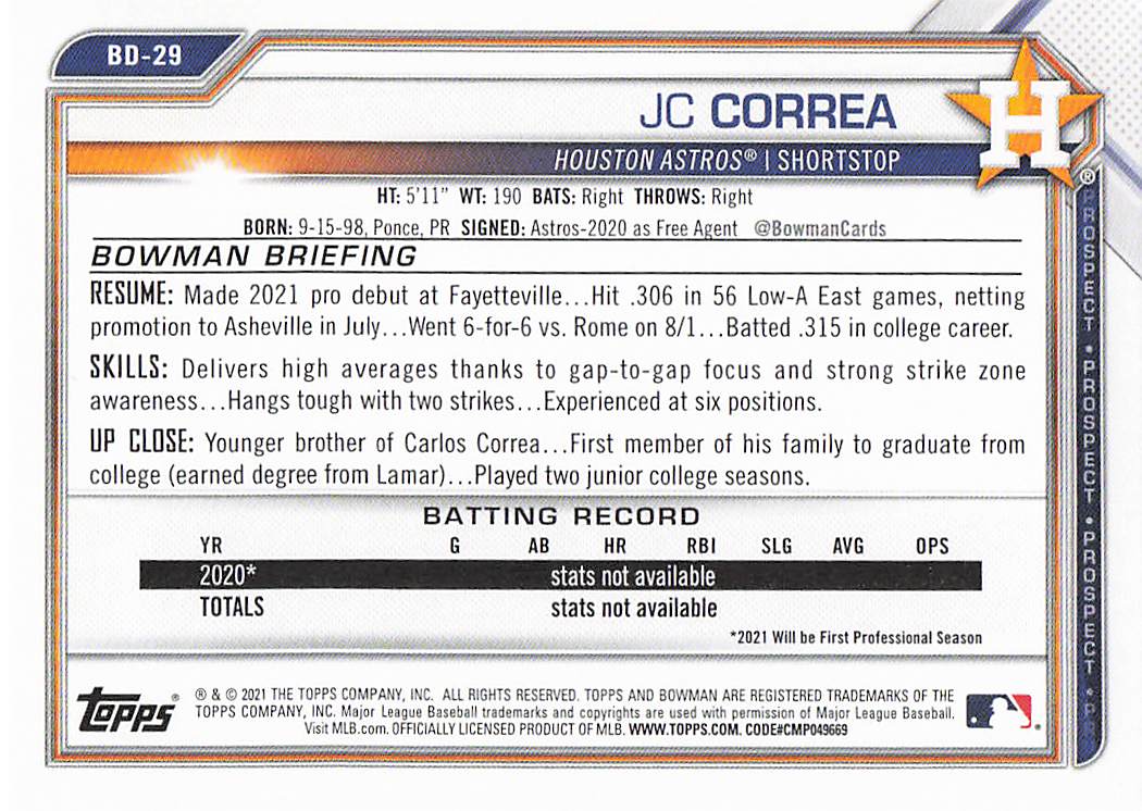 2021 Bowman Draft Baseball JC Correa #BD-29