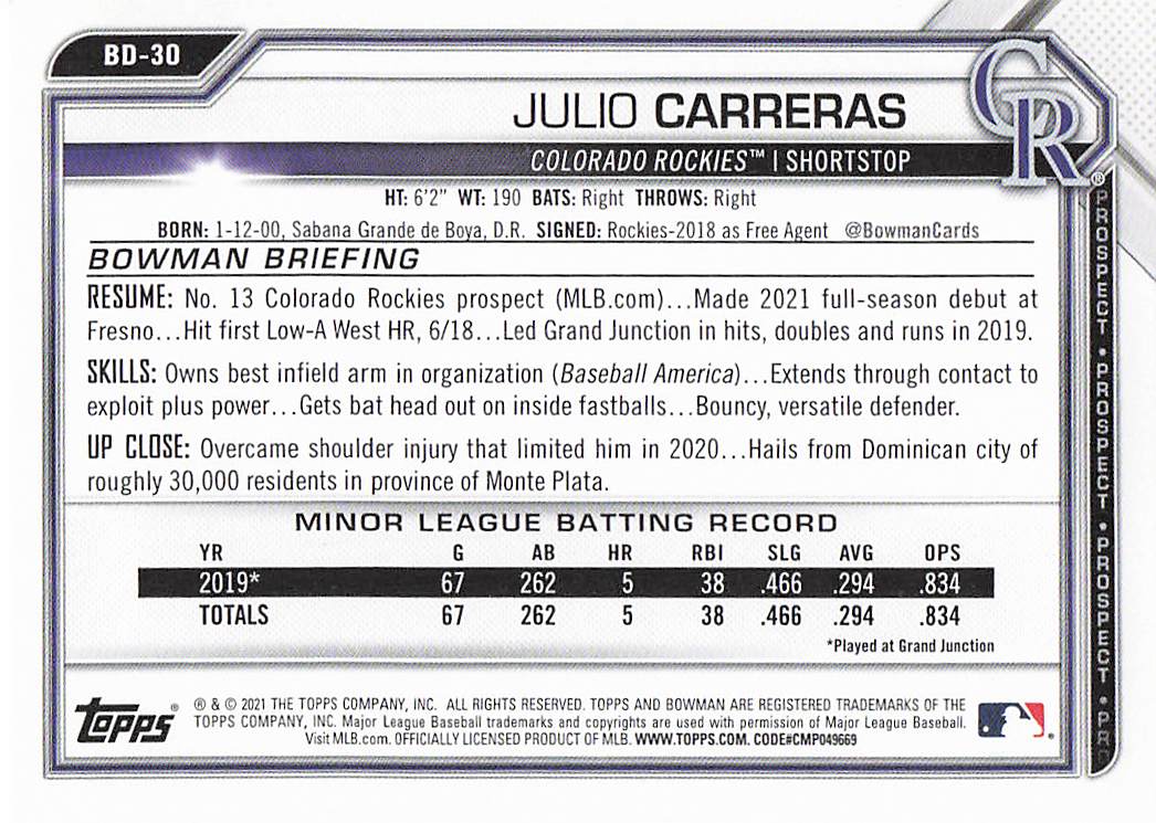 2021 Bowman Draft Baseball Julio Carreras #BD-30