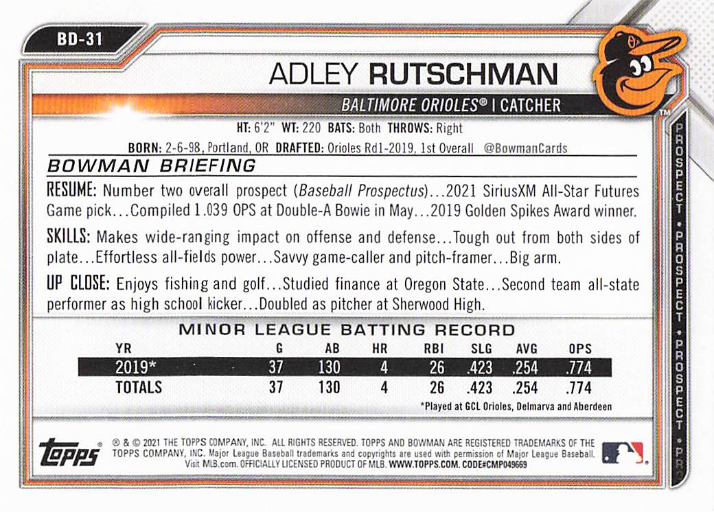 2021 Bowman Draft Baseball Adley Rutschman #BD-31