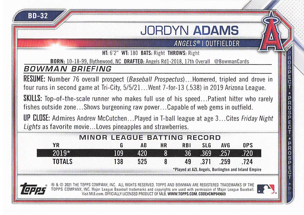 2021 Bowman Draft Baseball Jordyn Adams #BD-32