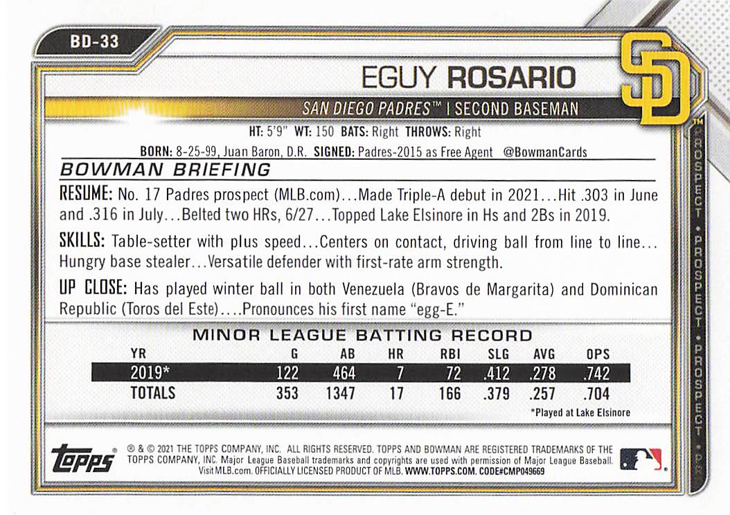 2021 Bowman Draft Baseball Eguy Rosario #BD-33