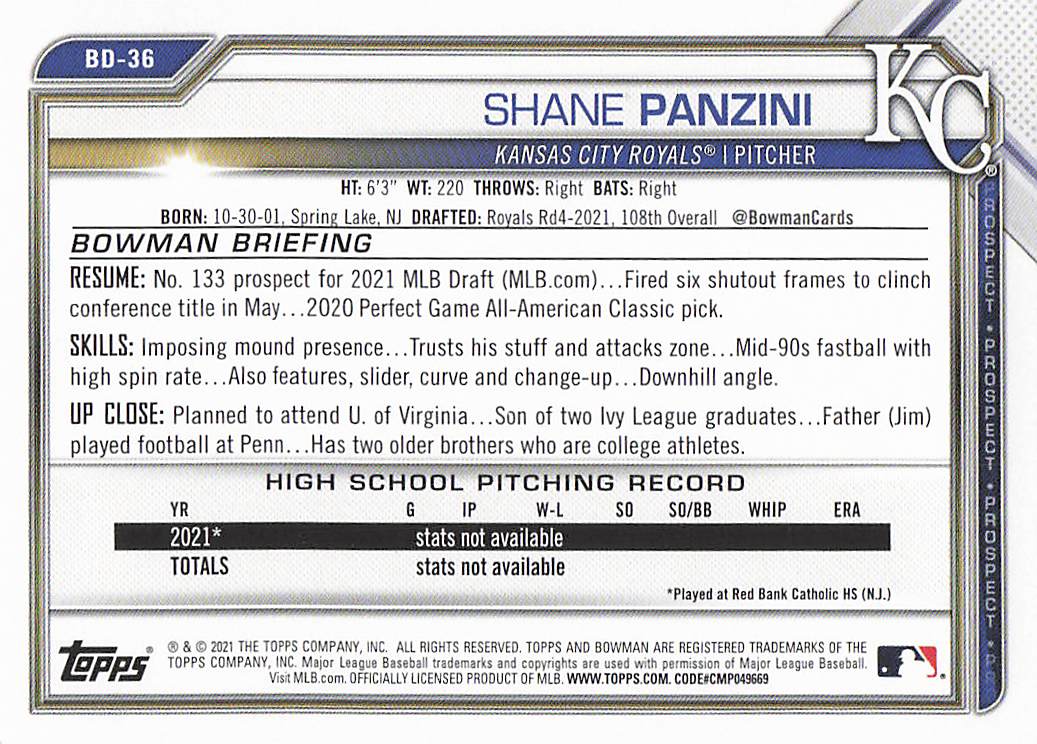 2021 Bowman Draft Baseball Shane Panzini #BD-36