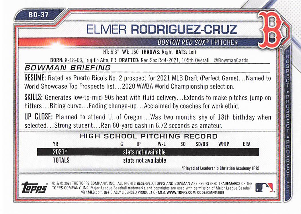 2021 Bowman Draft Baseball Elmer Rodriguez-Cruz #BD-37