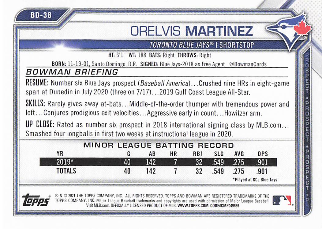 2021 Bowman Draft Baseball Orelvis Martinez #BD-38