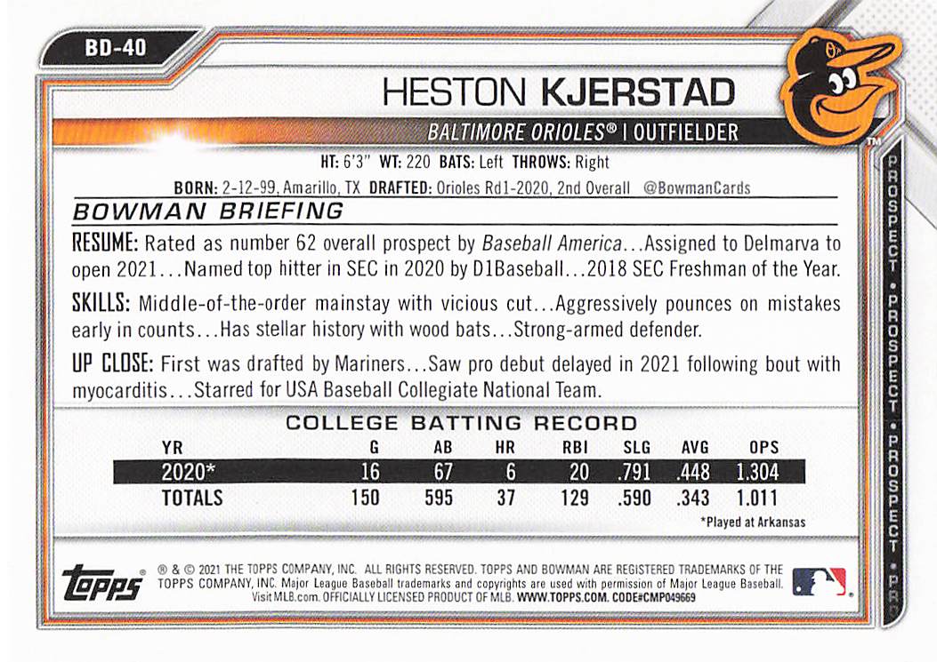 2021 Bowman Draft Baseball Heston Kjerstad #BD-40