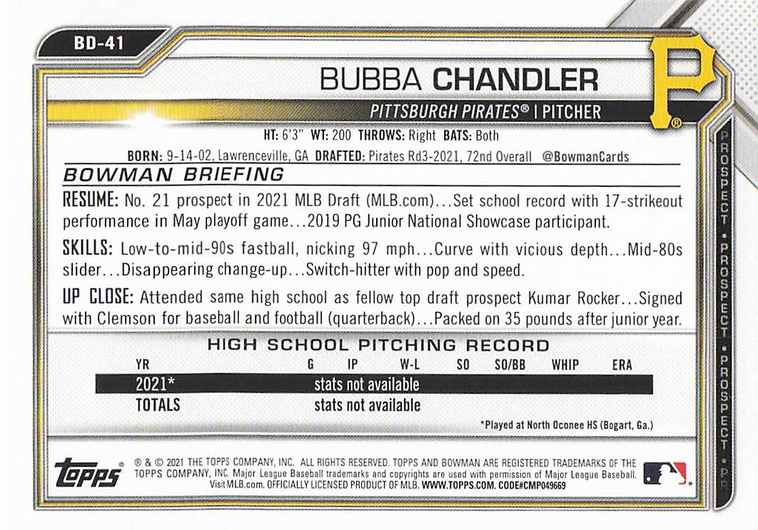 2021 Bowman Draft Baseball Bubba Chandler #BD-41