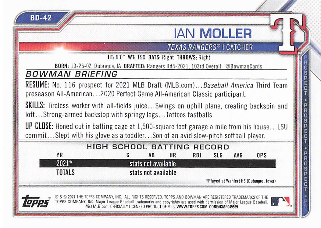 2021 Bowman Draft Baseball Ian Moller #BD-42