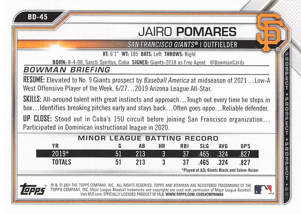 2021 Bowman Draft Baseball Jairo Pomares #BD-45