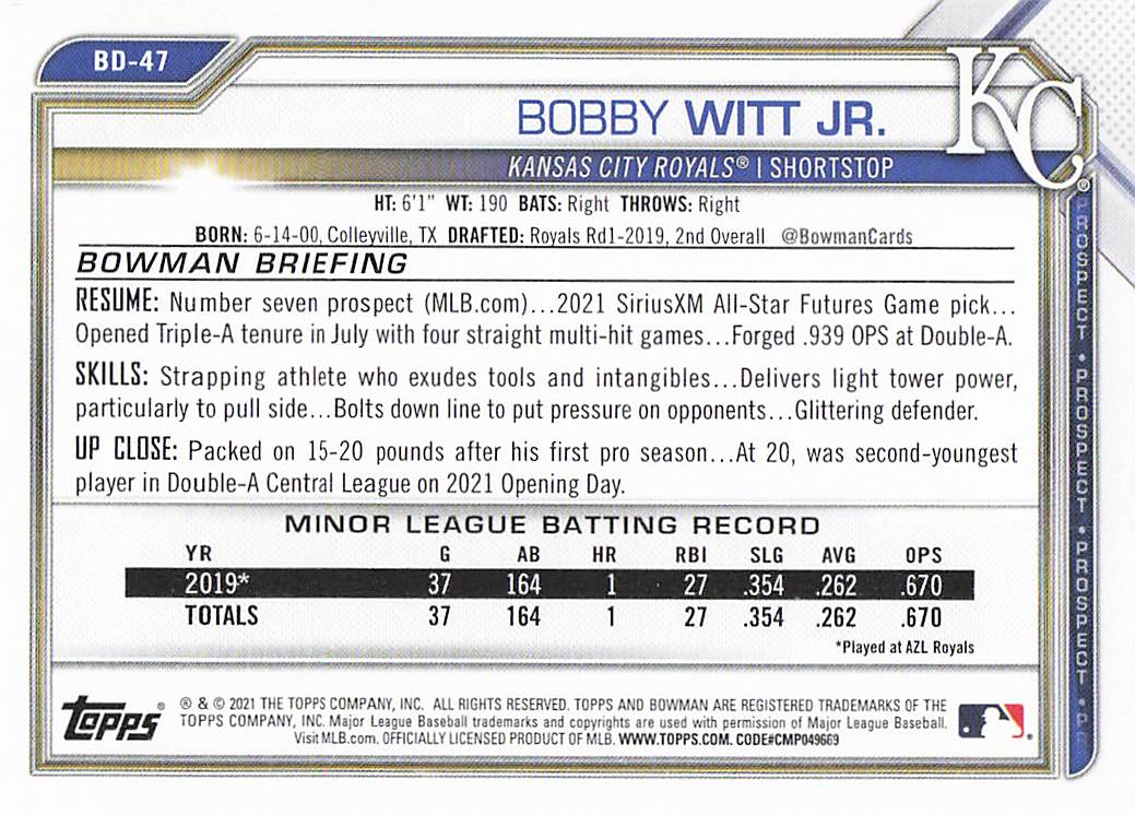 2021 Bowman Draft Baseball Bobby Witt Jr. #BD-47