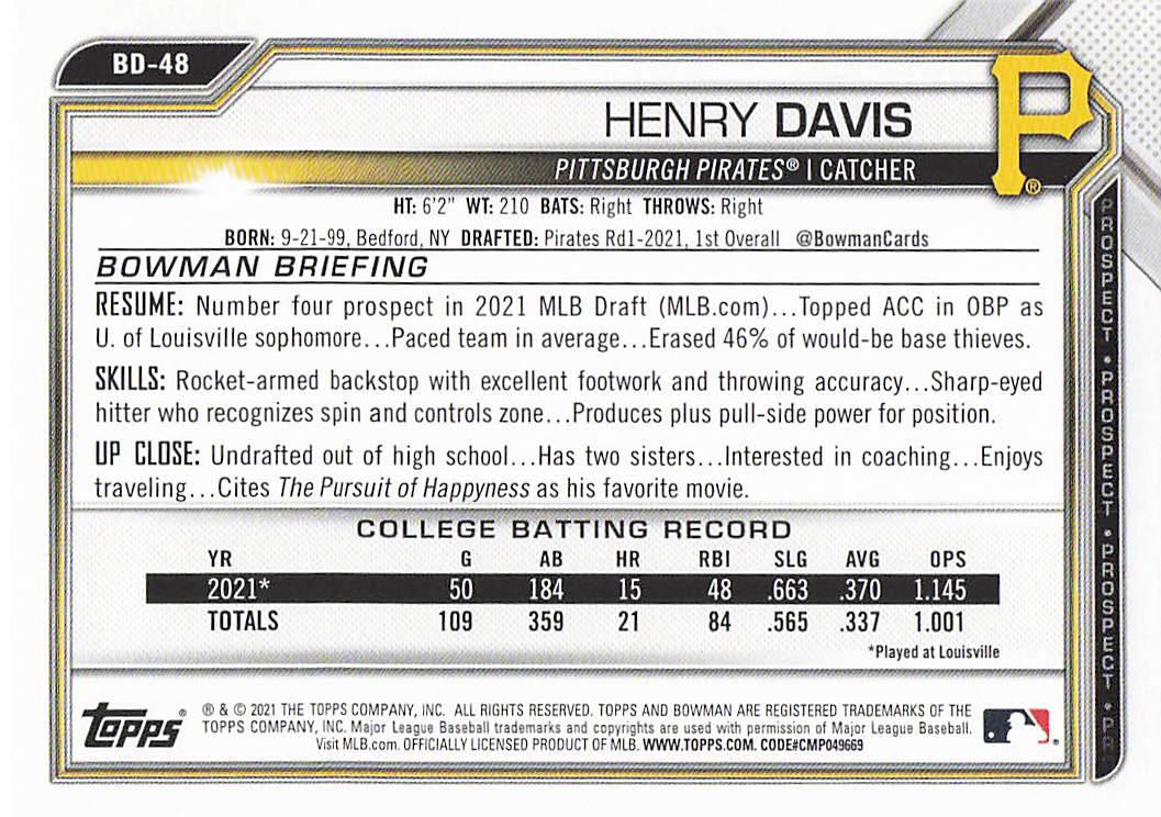 2021 Bowman Draft Baseball Henry Davis #BD-48