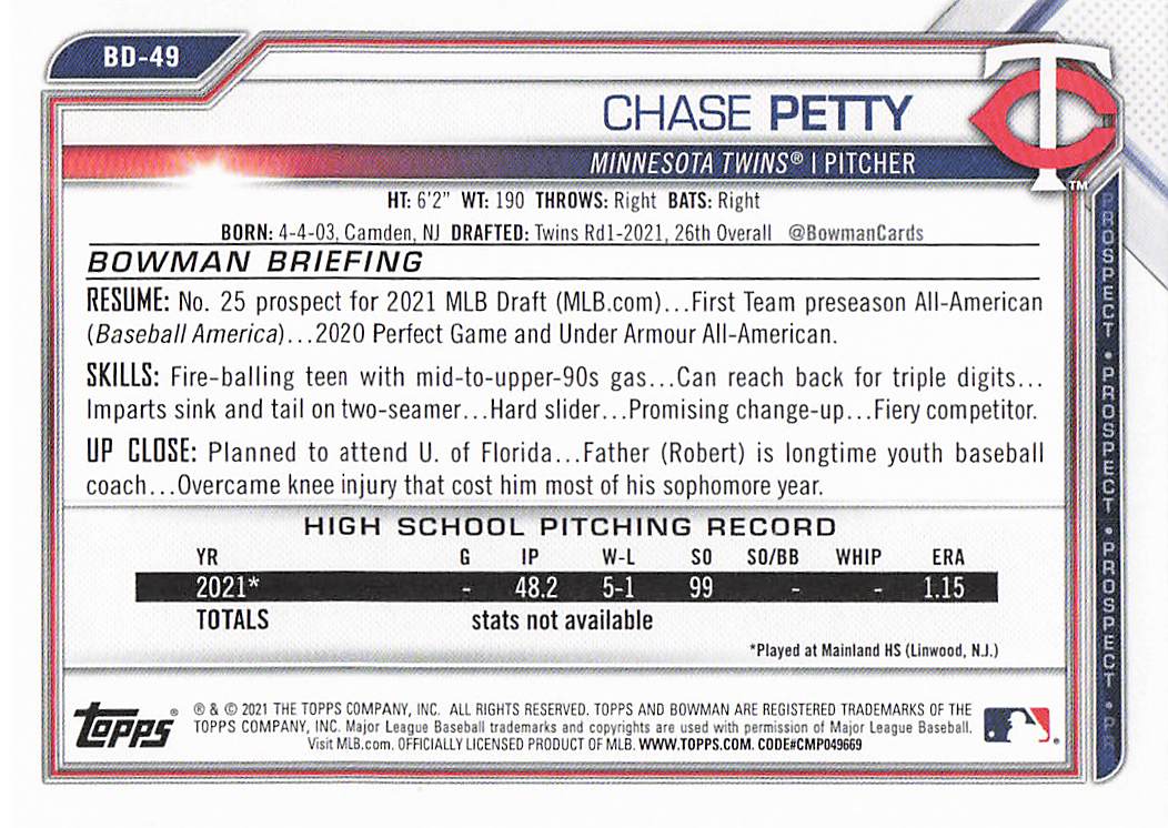 2021 Bowman Draft Baseball Chase Petty #BDC-49