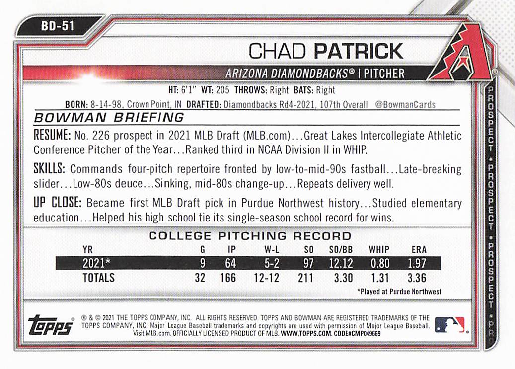 2021 Bowman Draft Baseball Chad Patrick #BD-51