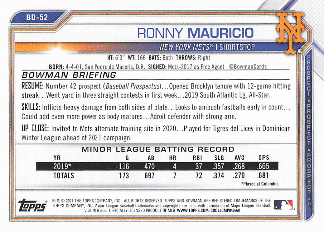 2021 Bowman Draft Baseball Ronny Mauricio #BD-52