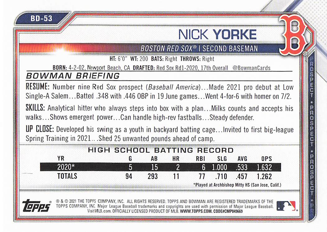 2021 Bowman Draft Baseball Nick Yorke #BD-53