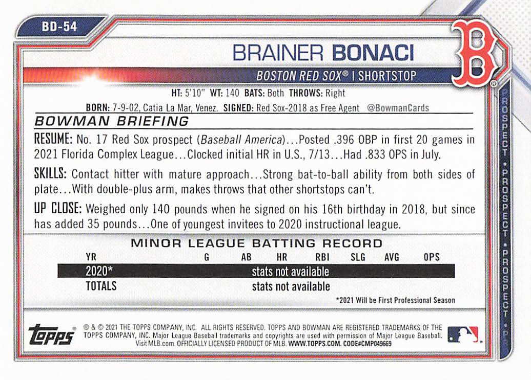 2021 Bowman Draft Baseball Brainer Bonaci #BD-54
