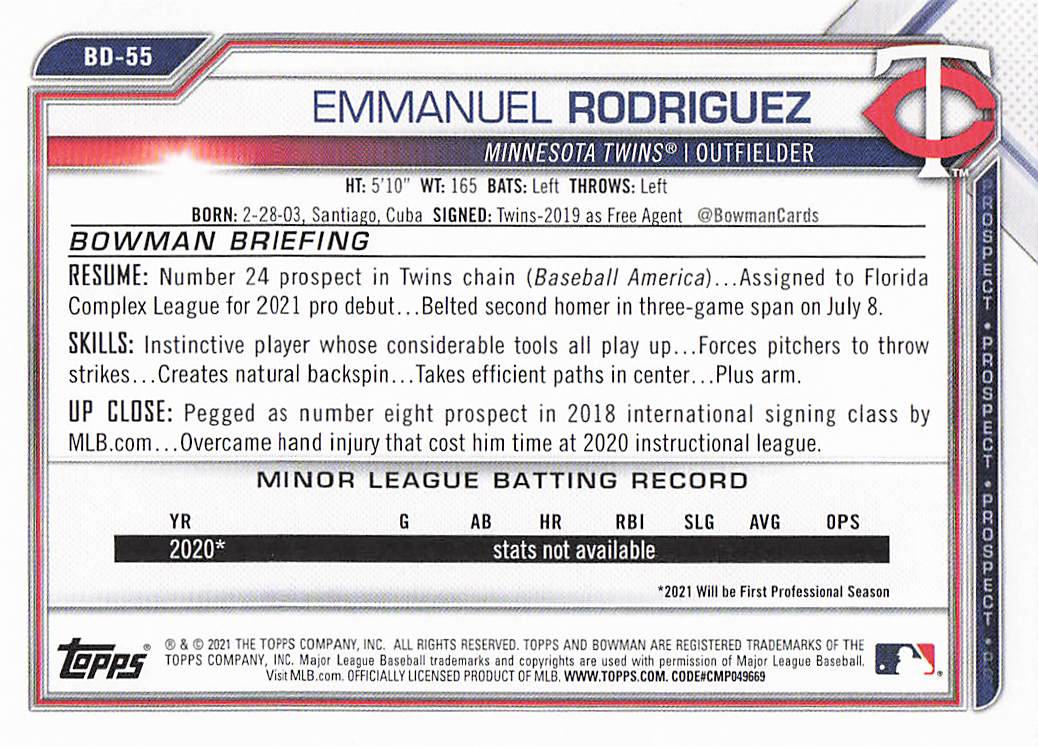 2021 Bowman Draft Baseball Emmanuel Rodriguez #BD-55