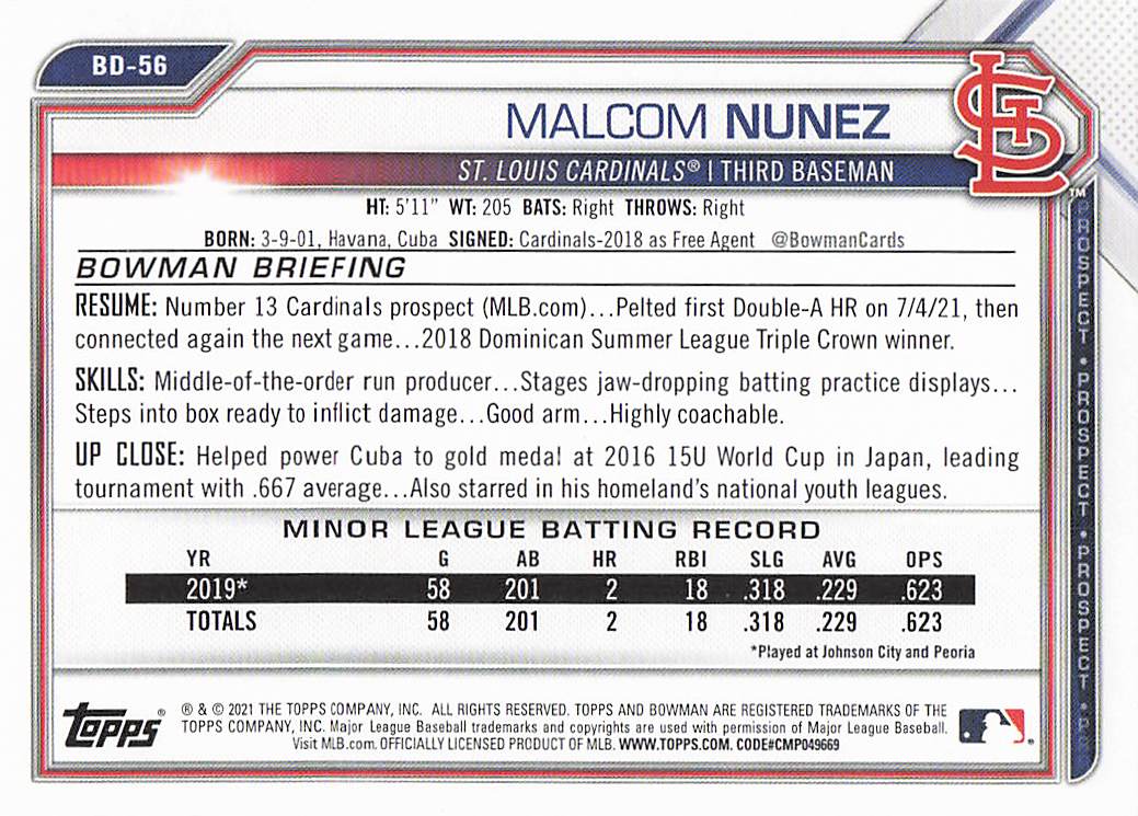 2021 Bowman Draft Baseball Malcom Nunez #BD-56