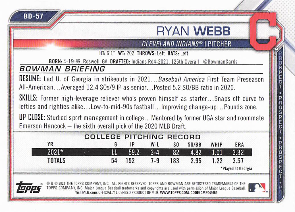 2021 Bowman Draft Baseball Ryan Webb #BD-57