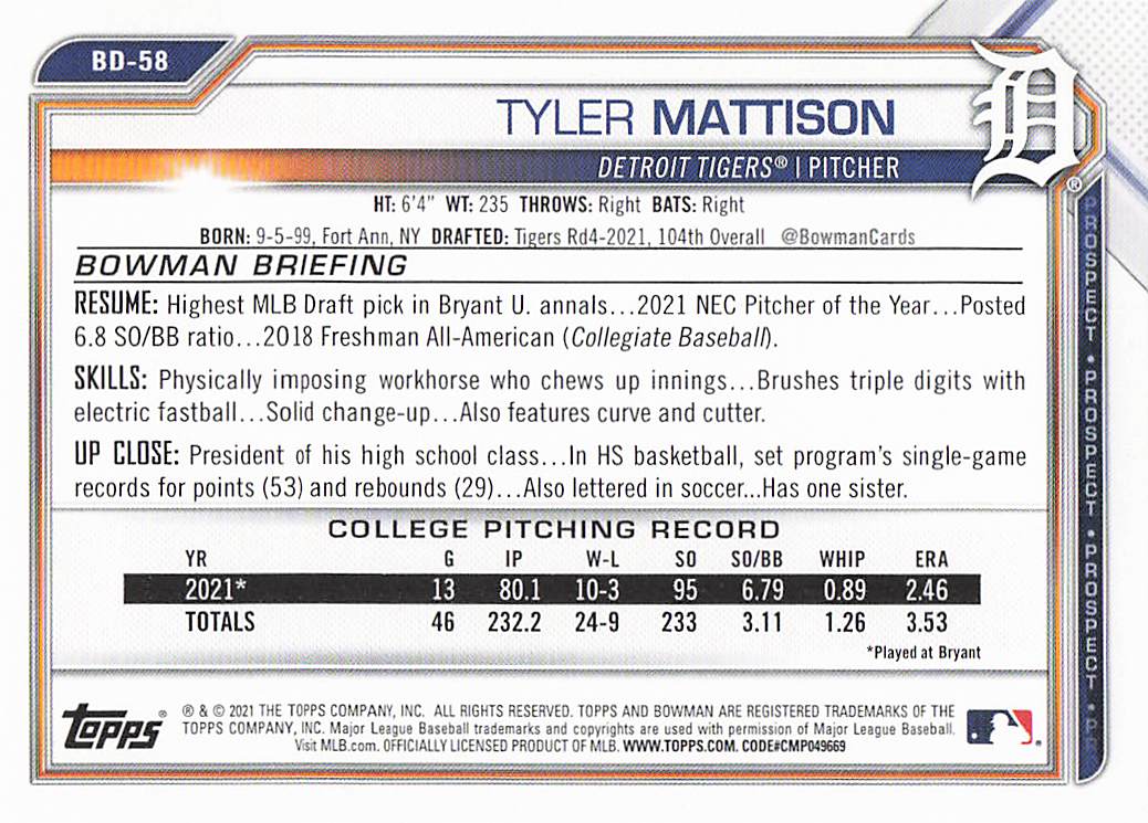 2021 Bowman Draft Baseball Tyler Mattison #BD-58